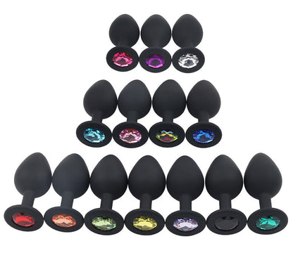 Multiple Sizes Black Color White Jewel Silicone Anal Plug