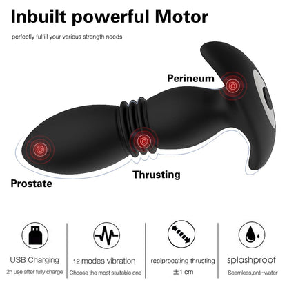 USB Rechargeable Remote Vibrating and Thrusting Anal Plug