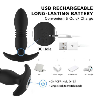 USB Rechargeable Remote Vibrating and Thrusting Anal Plug